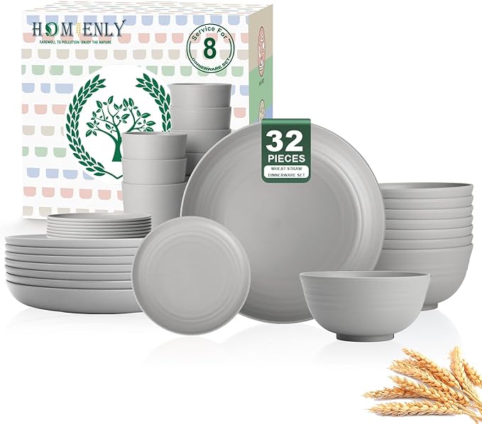 Homienly 32-Piece Kitchen Wheat Straw Dinnerware Set, Service for 8, Dinner Plates, Small Dessert Plate, Cereal Bowls, Cups, Unbreakable Outdoor Camping Dishes, Microwave and Dishwasher Safe-Grey