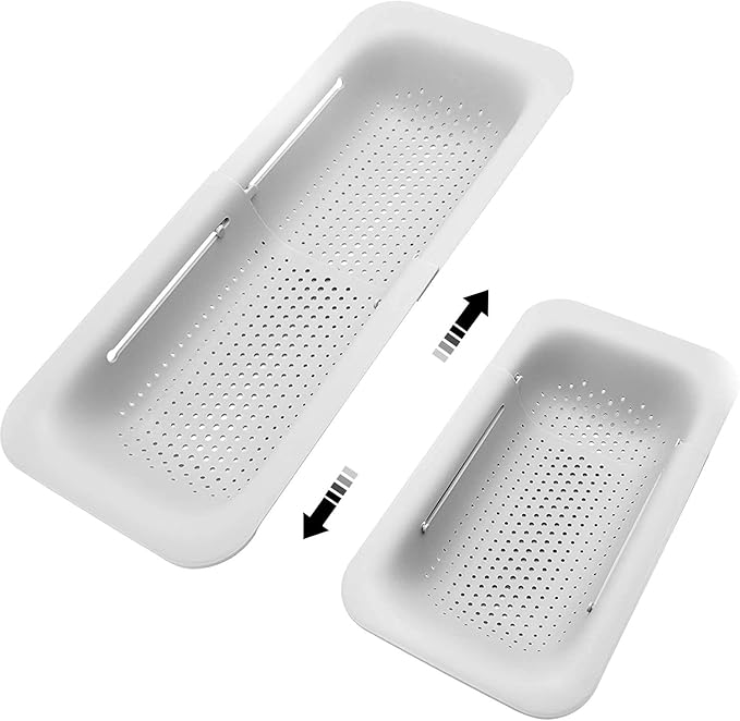 Collapsible Sink Colanders and Strainers Basket Over the Sink Colander Collapsible Colander Extendable Plastic Fruit Vegetable Strainer Drainer Basket for Kitchen (Length 14.3 inch-19.4 inch) (White)