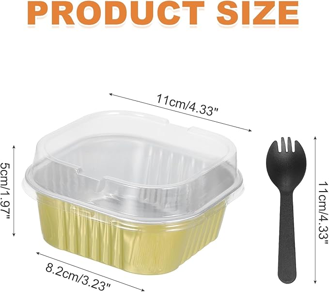 HARFINGTON 40Pack 10oz Disposable Mini Cake Pans with Lids and Spoons Gold Aluminum Foil Square Baking Cupcake Dessert Cups Tin for Birthday Party