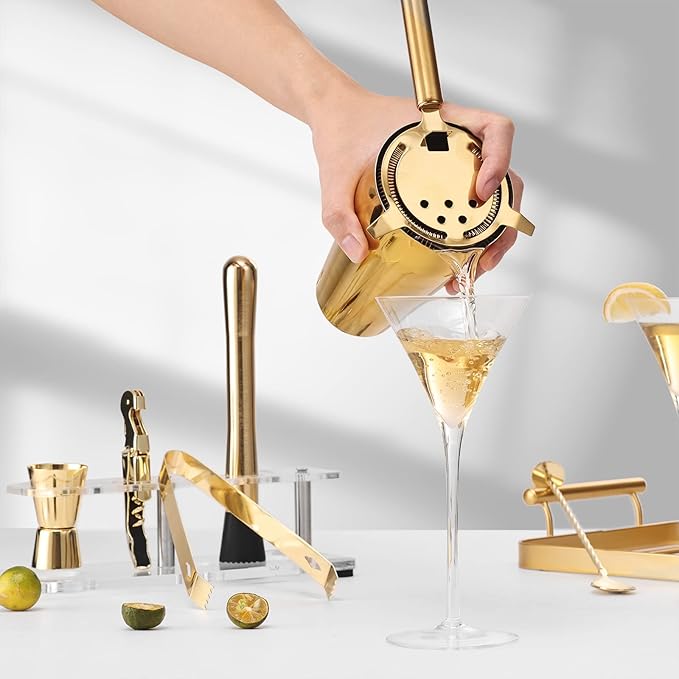 Cocktail Shaker Set with Arcylic Stand, Mixology Bartender Kit for Drink Mixing | Mixology Set with 7 Bar Set Tools Cocktail Kit (Gold)