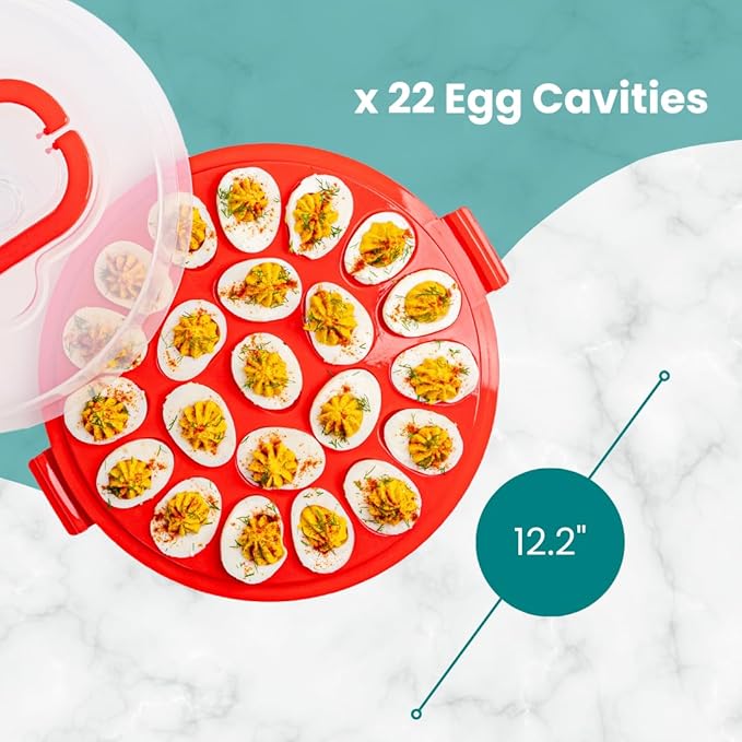 Classy Deviled Egg Carrier with Lid & Handles - Tray Platter for Holidays, Parties - Portable Container for 22 Eggs - Dishwasher-Friendly - Red