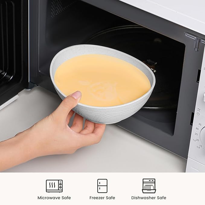 Wheat Straw Bowls Set of 4, Unbreakable Plastic Bowls Reusable, Microwave Safe Cereal Bowl for Camping, RV, Apartment, Party, Kitchen Bowl for Serving, Eating, Soup, Popcorn (26 OZ, White)