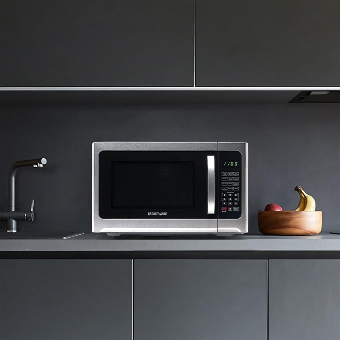 Farberware Countertop Microwave Oven 1.2 Cu. Ft. 1000 Watt with LED Lighting, Child Lock, Easy Clean Grey Interior, Stainless Steel, Black Stainless
