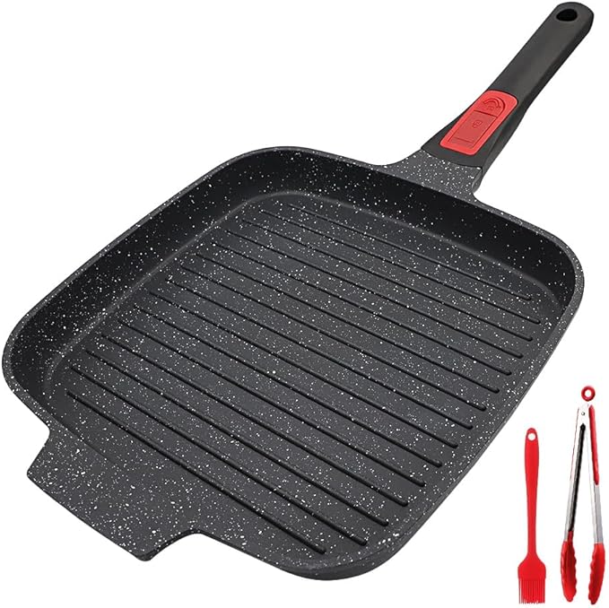 Griddle Pan with Detachable Handle, 10 Inch Cast Aluminium Non Stick Steak Pan for Induction Hob, Black