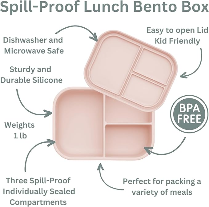Ali+Oli Silicone Bento Box (Blush) Lunch Box for Kids, Toddlers, Preschoolers & Adults | BPA-Free and Spill-Proof | Ideal for School, and On-the-Go Meals| Perfect for Lunch, Snacks, and Meals