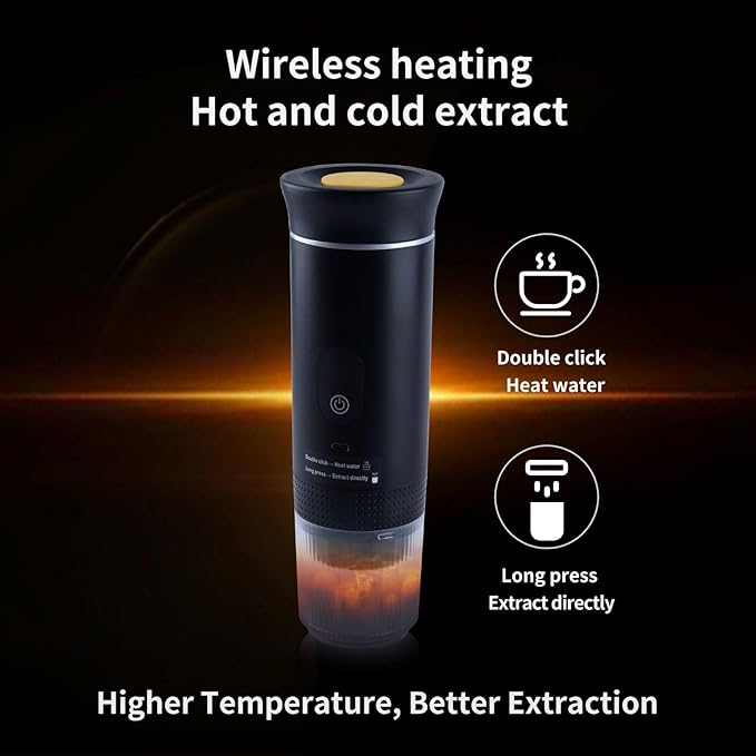 Portable Coffee Maker Espresso Travel Machine – Self-Heating Electric Espresso Maker, Compatible with Ground Coffee, Ideal for Travel, Camping, Office