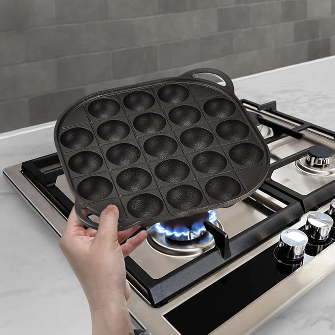 TIKUSAN Takoyaki Pan Cast Iron Takoyaki Maker Skillet Griddle Japanese Octopus Meat Ball Mold Maker for Gas Heater (21 Molds)
