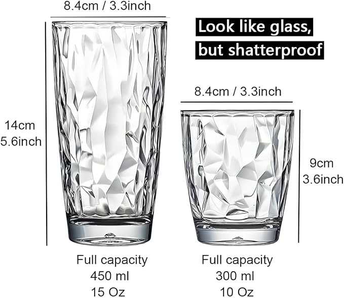 15 Oz Unbreakable Tritan Drinking Glasses Shatterproof Acrylic Glasses Drinkware BPA Free Hard Plastic Cups Reusable Kitchen Water Glasses Drinking Set of 6 (Clear)