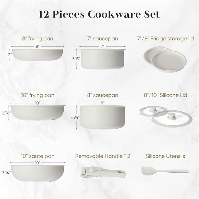 12 Pcs Pots and Pans Set, Nonstick Kitchen Cookware Sets Detachable Handle, Induction Healthy Non Stick RV Cookware, Dishwasher & Oven Safe, Beige