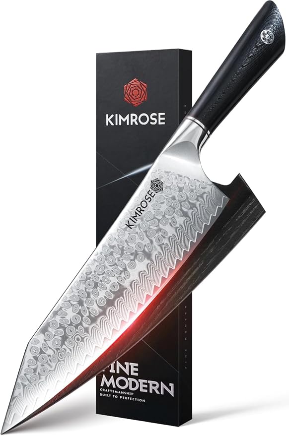 KIMROSE Damascus Chef Knife - 8 inch - High-Carbon Alloy Steel - G10 Handle - Magnetic Sheath - Razor Sharp Kitchen Knife - 10Cr15CoMoV Cutting Core - Gift Box
