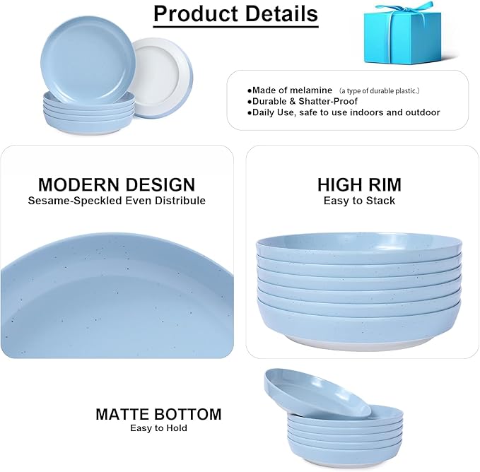 Webbylee 8.25" Melamine Pasta Bowls Set of 6-28oz Melamine Large Salad Bows,Serving Bowls for Cereal, Fruit, Soup,Deep Enough for Kitchen and Dining Blue/Beige