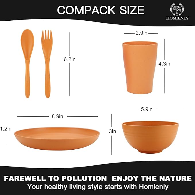 Homienly Wheat Straw Dinnerware Sets, 20pcs Unbreakable Microwave Dishwasher Safe Tableware Lightweight Bowls, Cups, Plates Set Reusable Dinner Plates Bowls set (Orange)