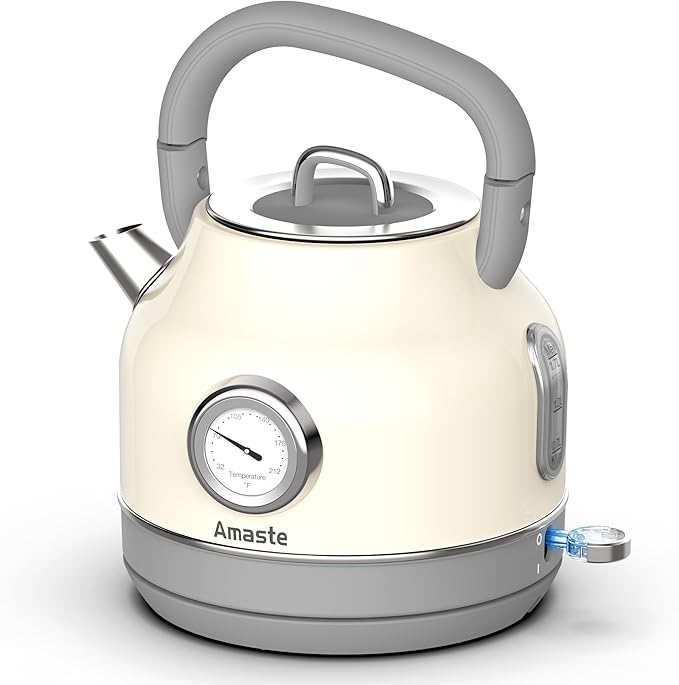 Amaste Electric Kettle, Retro Electric Tea Kettle With Thermometer, 57 Oz Hot Water Kettle For Coffee & Tea, 304 Stainless Steel, 1500w Fast Boiling, Auto Shut-Off & Boil Dry Protection, Cream White