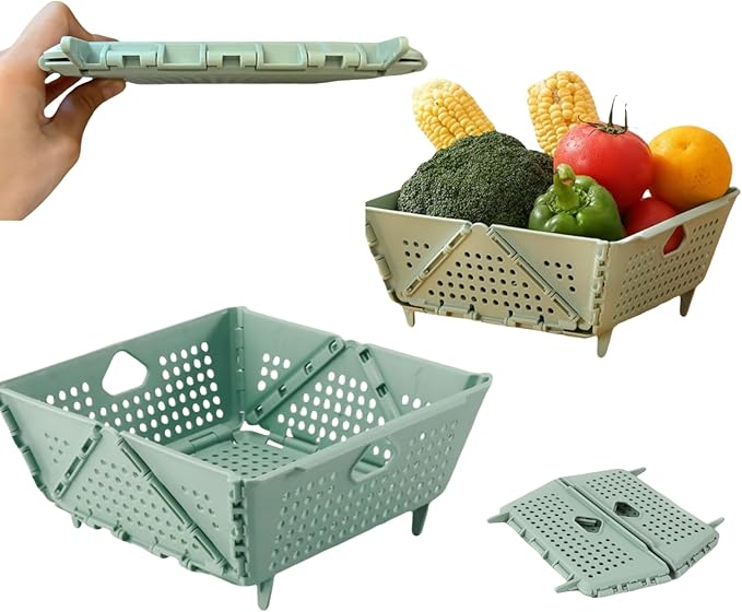 Collapsible Kitchen Colander and Strainer - Foldable Plastic Drain Basket for Fruit, Vegetables, Pasta - Space-Saving for Kitchen, RV, Camping - BPA-Free & Dishwasher Safe (Green-2pcs)