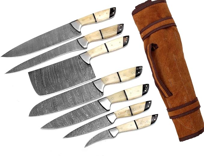 G26- Professional Kitchen Knives Custom Made Damascus Steel 7 pcs of Professional Utility Chef Kitchen Knife Set with Chopper/Cleaver White & Black