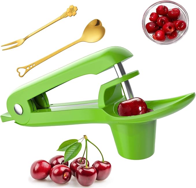 Cherry Pitter Tool;Cherry Remove Heavy Duty Stainless Steel Fruit Core Stoner Seed Cherries Tool With Lock Design For Making Fresh Cherry Jam By Hand; Gold Fruit Spoon & Fork one Set Including