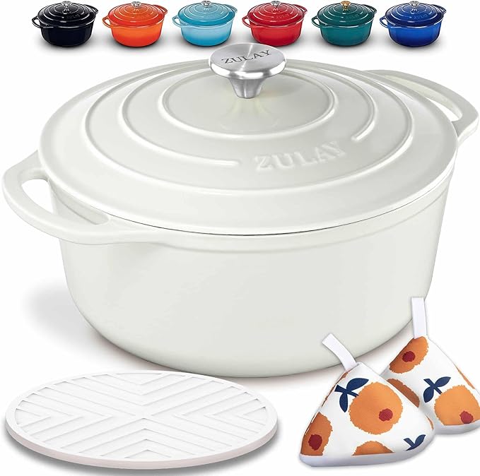 Zulay Kitchen 7.7 Quart Enameled Cast Iron Dutch Oven with Lid, Silicone Trivet & Heat Pad – Premium Durability & Oven Safe up to 500°F – Heavy Duty Cookware Perfect for Bread Baking, Stews, Braising & Roasting – White