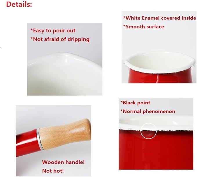 Mini Enamel Milk Pot 4 Inch 17 Oz Dual spout with Wooden Handle, Small Sauce Pan Perfect Size for Heating Smaller Liquid Portions (Red)