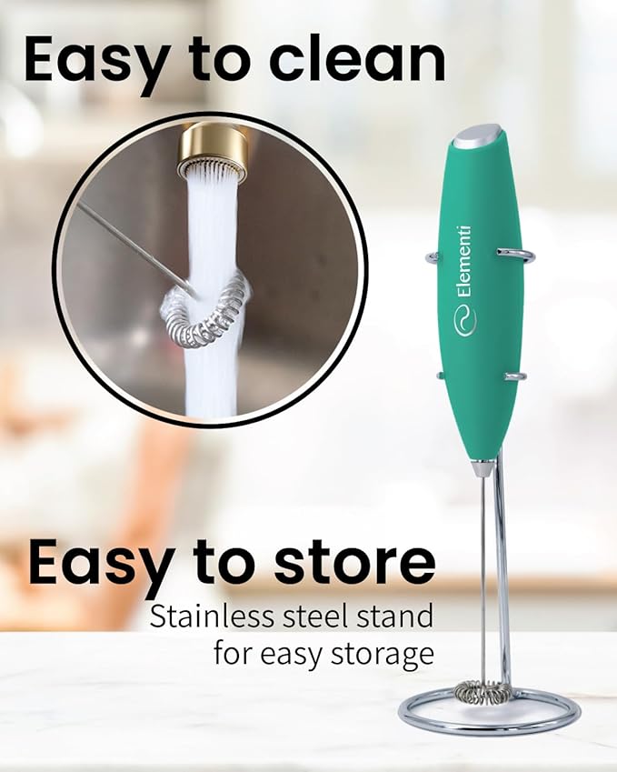 Elementi Matcha Whisk & Frother Set - Powerful Electric Matcha Mixer, Easy to Use Macha Whisk Kit - Craft Effortless Lattes with the Elementi Milk Frother Wand (Emerald Green)