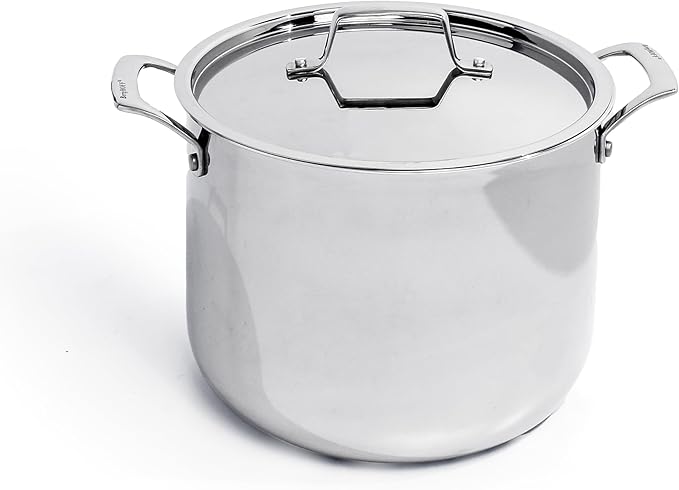 BergHOFF Professional Tri-ply 18/10 Stainless Steel Stockpot 9.5" 8 Qt. Safe Grip Handle Matching Lid Induction Cooktop Measurement Markings Inside Fast & Even Heat Oven Safe Dishwasher safe