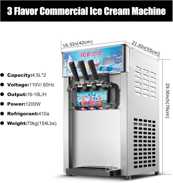 3 Flavor Soft Ice Cream Machine Commercial Soft Serve Ice Cream Maker Sorbet Frozen Yogurt Gelato LED Display Desktop Type 1200W 110V