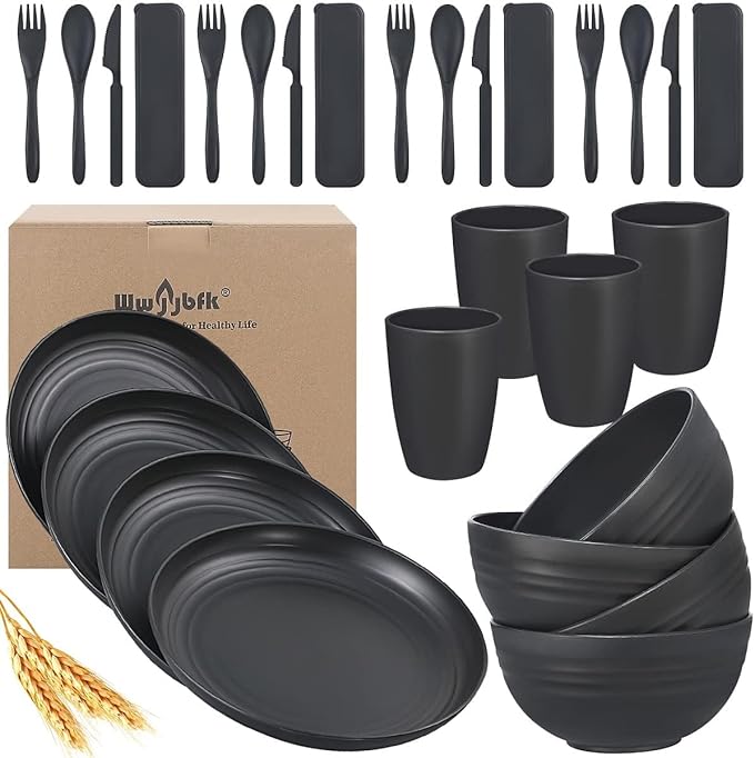 Wheat Straw Dinnerware Sets, Wheat Straw Plates and Bowls Sets for 4 Kitchen Dishes 28pcs College Dorm Room Essentials Cutlery Set Microwave Safe (Black)