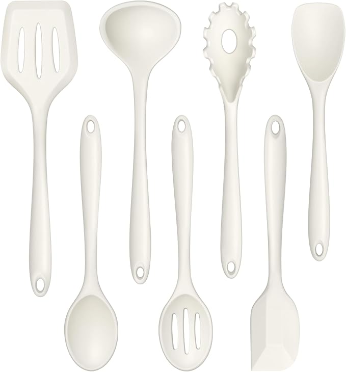 TeamFar Silicone Cooking Utensils Set, 7-Piece Heat Proof Kitchen Utensils Set, Kitchen Tools Spatula Turner Ladle Spoon Pasta Fork for Nonstick Cookware, Non-Toxic & Dishwasher Safe, White
