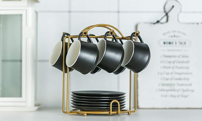 YHOSSEUN Ceramic Espresso Cups Set of 6, 4 Oz Expresso Shots Cup with Stand & Saucers, Small Coffee Espresso Cup Demitasse Cups, Black