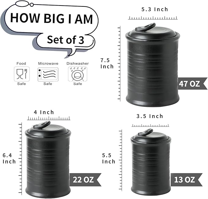 Nihow Food Storage Jar Sets: Ceramic Container with Air Tight Lid for Flour/Sugar/Rice/Coffee/Cookies/Candy - Seal Damp-proof Canister for The Kitchen - Set of 3 (Matte Black)