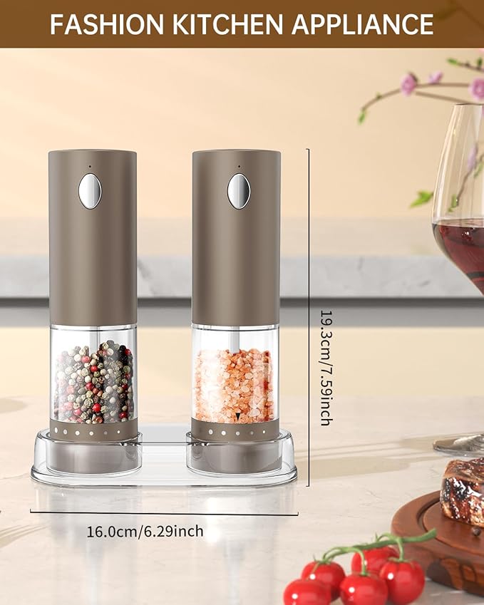 CIRCLE JOY Electric Salt and Pepper Grinder Set Rechargeable Salt and Pepper Mills with Storage Base, Adjustable Coarseness and LED White Light, Washable 95ml Container, Brown