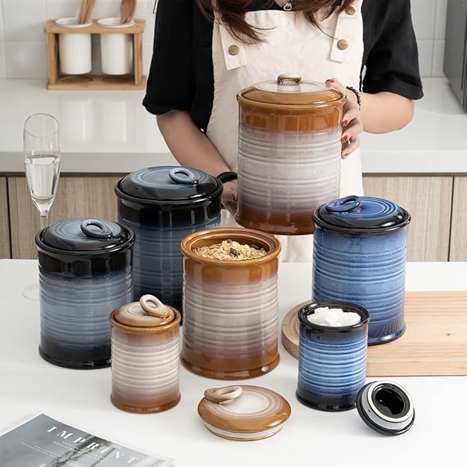 Nihow Ceramic Food Storage Jar Sets: Container with Air Tight Ceramic Lid for Flour/Sugar/Rice/Coffee/Cookies/Candy - Seal Damp-proof Canister for The Kitchen - Set of 4 (Brown)