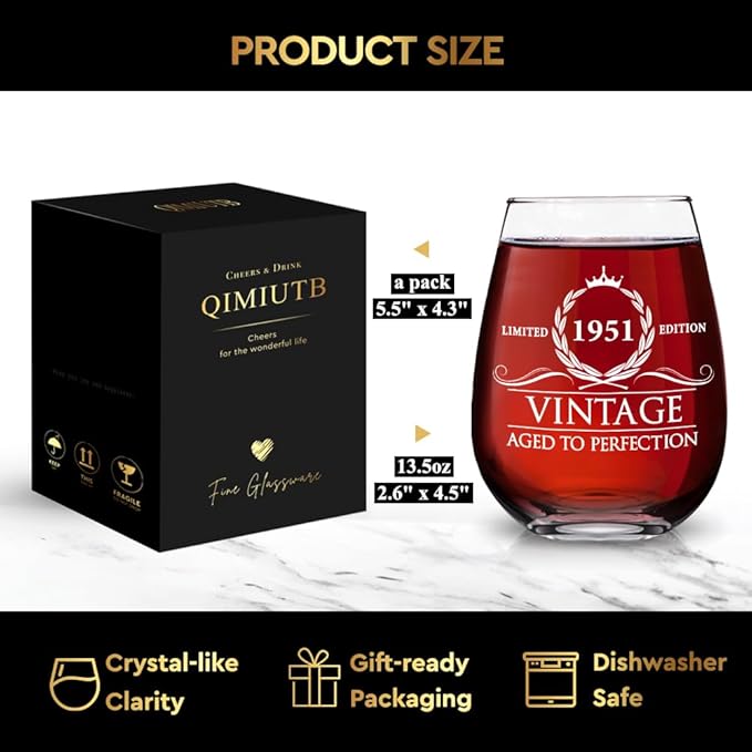 1951 Limited Edition Wine Glass, 75th Birthday Gifts for Women,75th Birthday Aged to Perfection, 75th Birthday Presents for Mom 75th Birthday Party, 1 Pack Reusable Burlap Wine Bag-126