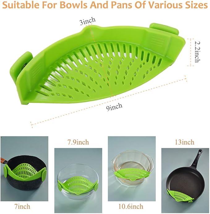 YEVIOR Clip on Strainer for All Pots Pan Pasta,Silicone Food Strainer Hands-Free Pan Strainer, Clip on Kitchen Gadgets Food Strainer for Spaghetti, Pasta, Ground Beef Fits All Bowls and Pots (Green)