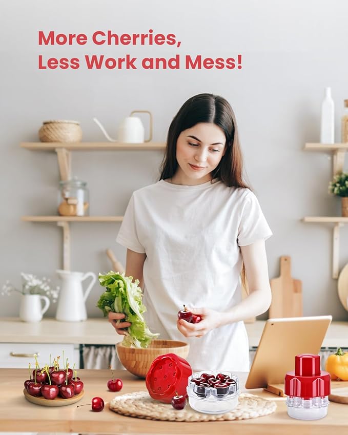 Cherry Pitter Tool, Multiple Fruit Seed Remover, 7-Cherry Capacity, Red and Clear