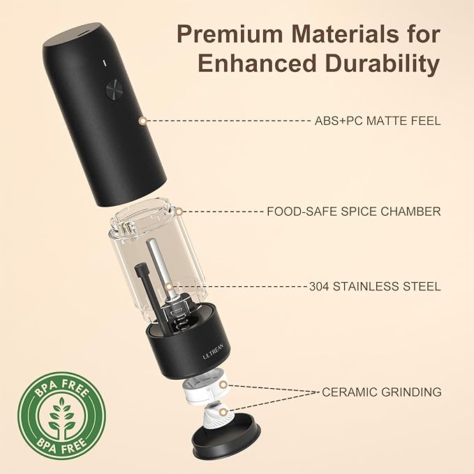 Ultrean Pepper Grinder, Rechargeable Salt and Pepper Grinder with 6 Adjustable Coarseness, LED Light, One-Hand Automatic Operation, Black