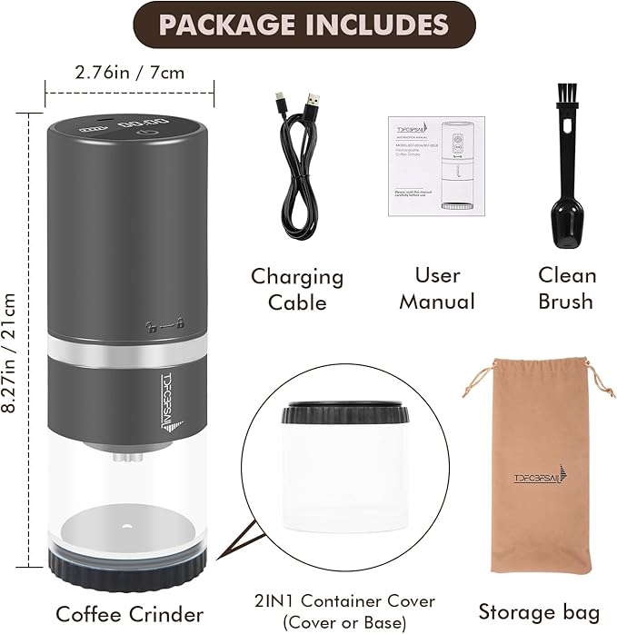 Portable Electric Coffee Grinder Stainless Steel Conical Burr Coffee Grinder with 45 Adjustable Settings Rechargeable Coffee Bean Grinder with LED Display for Home, Travel, Camping, Office-Titanium