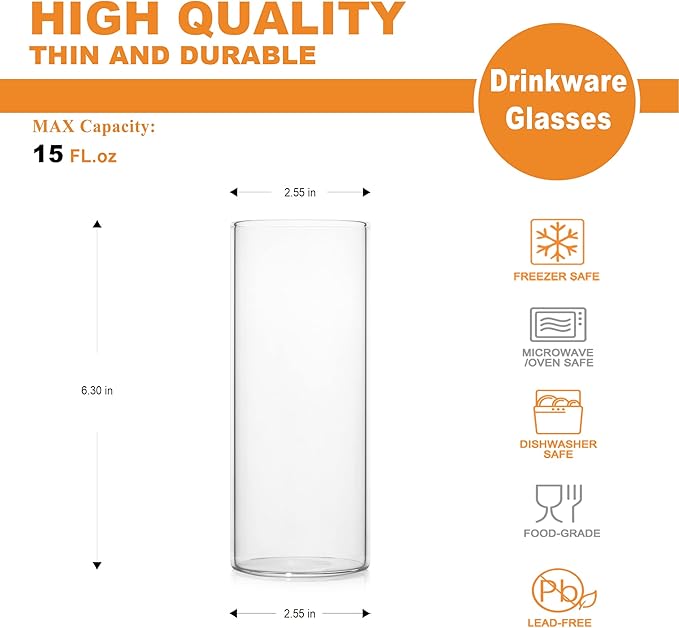 LUXU Drinking Glasses 15.5 oz, Thin Highball Glasses Set of 4,Elegant Bar Glassware For Water, Juice, Beer, Drinks, and Cocktails and Mixed Drinks,Lead-Free Pint Glasses,Glass Drink Tumblers