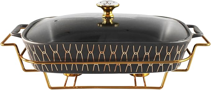 10" x 7" Ceramic Rectangular Casserole Dish with Glass Lid and rack, 1.3 Quart Serving Soup Tureen,Chafing Dish for Buffet, Family Food preserve Tray, Catering for Party Style, Black