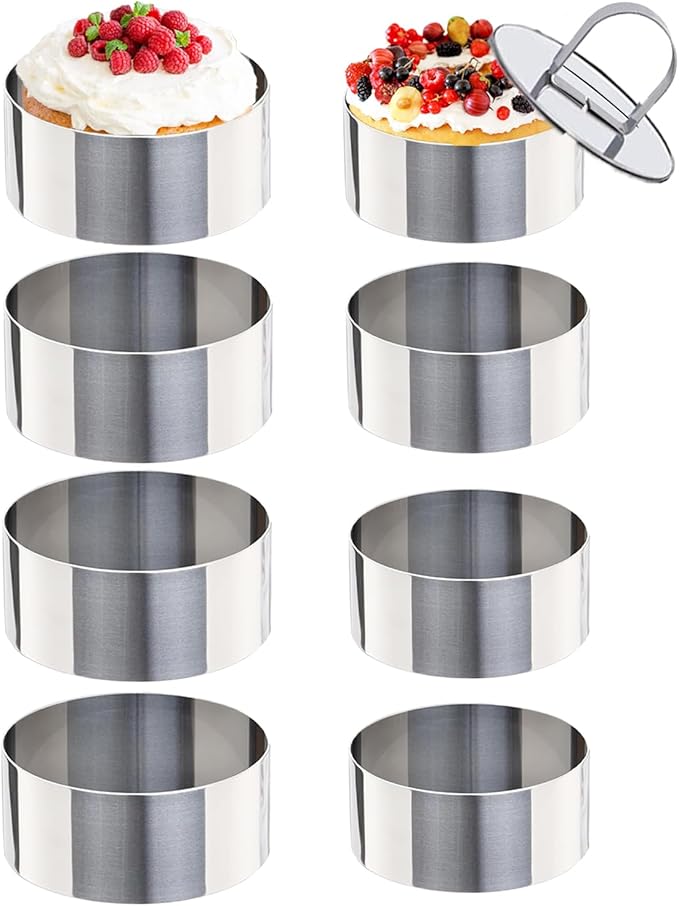 Uncle Jack 8 Pieces Round Cake Ring Molds, Cake Ring Mold Set, with Pusher, for Kitchen Tools, Baking Pastry (Include 8 Rings and 2 Pushers)
