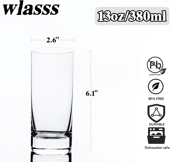 Drinking Glasses Set of 8, 13oz Glass Cups, Kitchen Highball Glasses for Beer, Juice and Cocktail, Collins Water Glasses for Bar Glassware, Unique Gifts