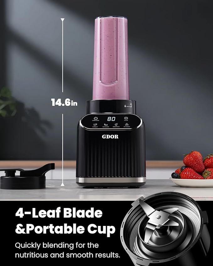 GDOR Professional Blender for Smoothies, 5 Functions, 1200 Peak Watts Smoothie Blender, 52 Oz Glass Jar & 24 Oz To-Go Cup Combo, Blenders for Smoothies, Ice and Frozen Fruit, Self-Cleaning