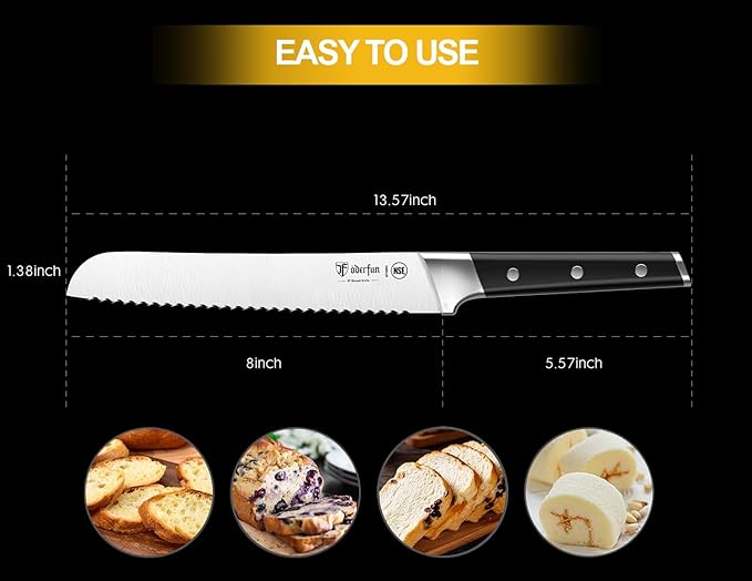 Bread Knife:8 Inch Ultra Sharp Bread Serrated Knife, High Carbon Stainless Steel Bread Knife for Homemade Bread, Full Tang Cuts Cleanly for Efficient Slicing Sourdough Bread, Bagels, Cake