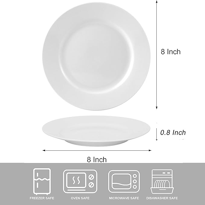 bestone 8 Inch Porcelain White Salad Plates Set, Porcelain Dessert/Salad Plate,Classic Round with Wide Rim, Lead-Free,Dishwasher, Microwave, Freezer, Oven Safe, for Everyday Use-Set of 6