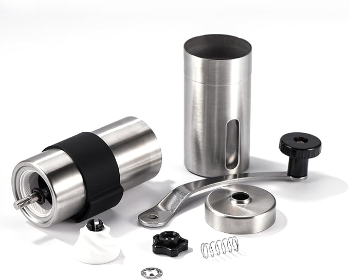 Manual Coffee Grinder, Hand Coffee Mill, Adjustable Settings With Black Anti Slip Sheath, Portable Conical Burr Grinder for Household, Office, Camping or Travel Ect Multi Scenario Usage, Silvery.