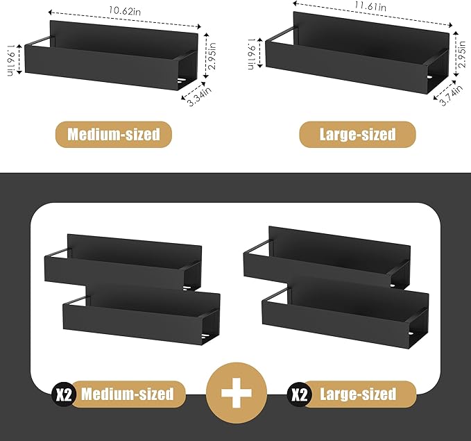 Cosy Family 4-Pack Strong Magnetic Metal Spice Rack Organizer for Refrigerator & Oven - Rustproof Black Fridge Shelves with Hooks for Kitchen Storage & Organization