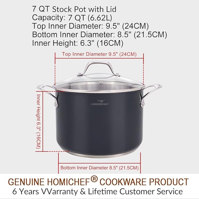 HOMI CHEF Navy Gray NICKEL FREE Stainless Steel 7 Quart Stock Pot with Glass Lid (Non Coating, 9.5 Inch) - No Toxic 7 qt Stockpot With Lid