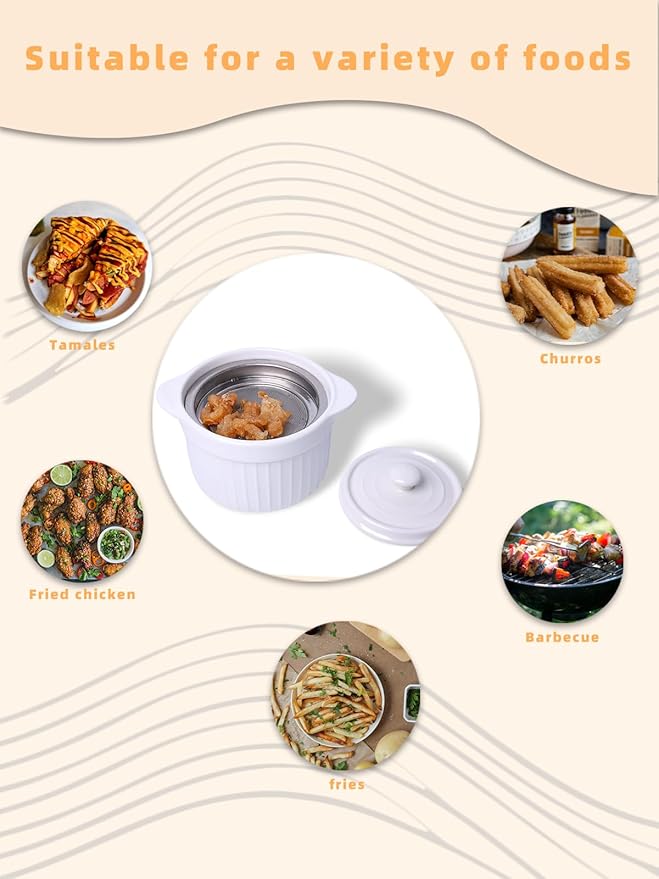 Ceramic Bacon Grease Container with Strainer, 20 oz Cooking Oil Storage Can Grease Keeper for Kitchen, Bacon Grease Keeper with Easy-Grip Handle (White)