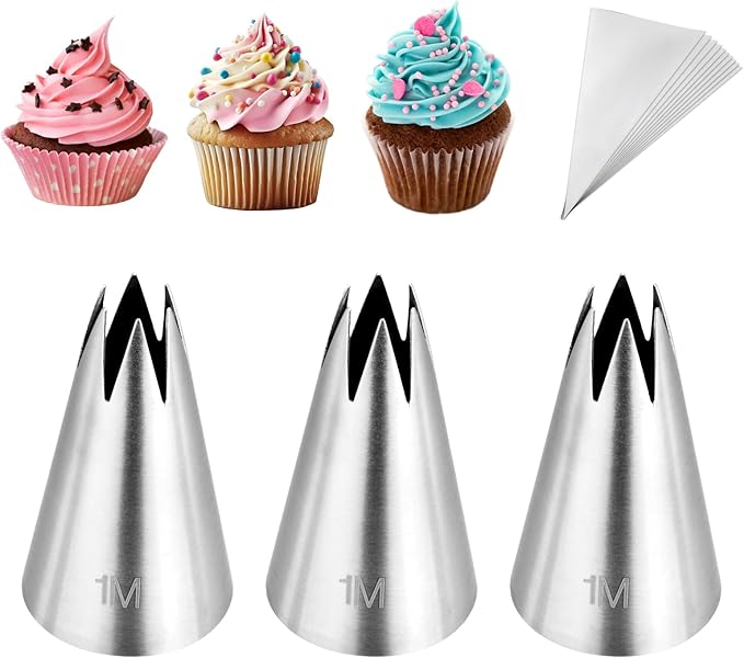 3Pcs 1M Piping Tips,Stainless Steel 1M Star Tips for Piping,Seamless Icing Tips With 10Pcs Disposable Piping Bags for Cake Decorating