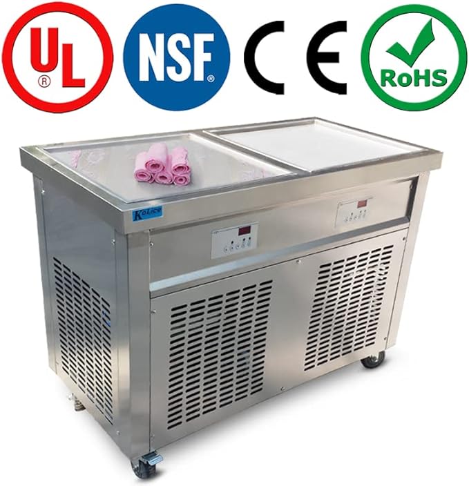 Kolice ETL Commercial 21"x21" Double Square Pans Fried Ice Cream Roll Machine, Yogurt Thai Stir Roll Ice Cream Machine-Auto Defrost, Transparent Sneeze Guard