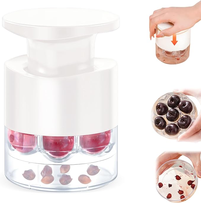 Cherry Pitter, 7-Hole Push-Type Cherry Pitter with Pit Storage Tray, Efficient Pit Removal, Multi-Particle Separator, Fruit Seed Remover Tool (White)